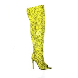 BHADDIE "Neon Viper Voltage"  Thigh Boots Yellow Snake Print Over-the-Knee Boots